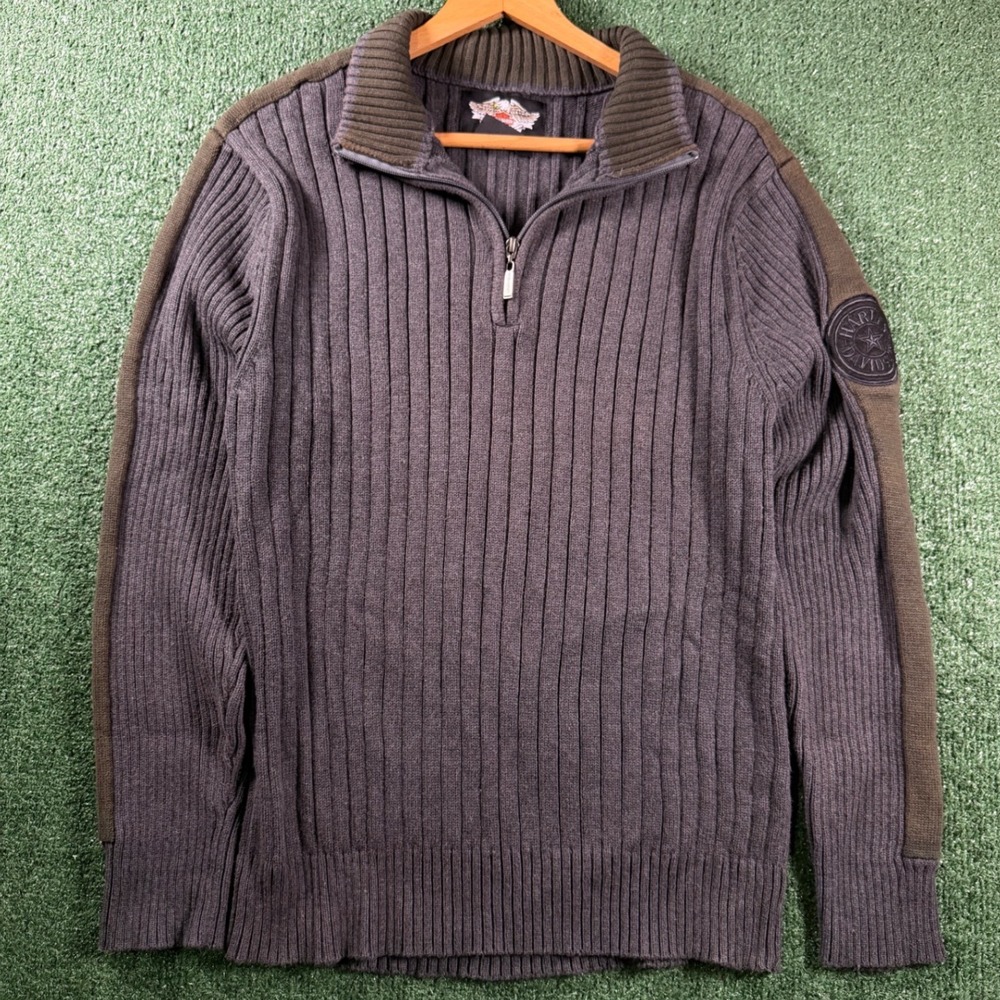Harley Davidson Quarter Zip Sweater Mens L Grey Good Ribbed Cotton Patch Biker